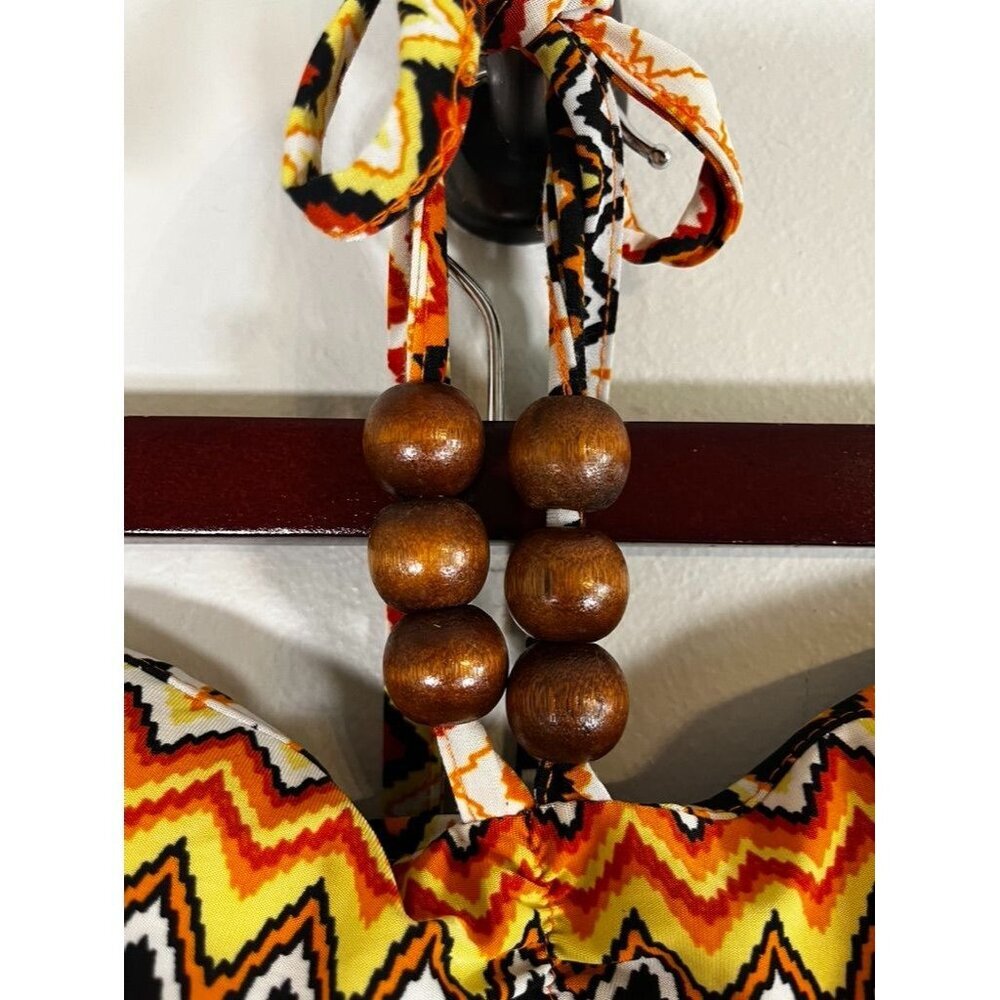 Retro Chevron Halter Maxi Dress S Brown Aztec Boho Indie Folk Funky Western Chic - Picture 2 of 9